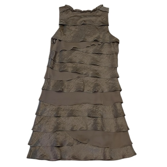 S.L. Fashions Cocktail Party Dress Tiered Ruffled Taupe Shimmer Jeweled Neck 12 - Picture 7 of 9